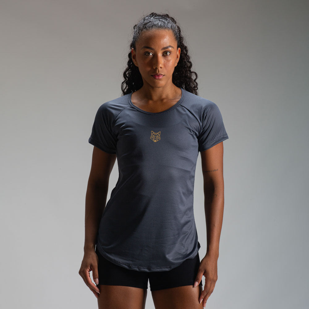 Camiseta Feminina Dry Fit Lobo Geométrico Cinza Sombra
