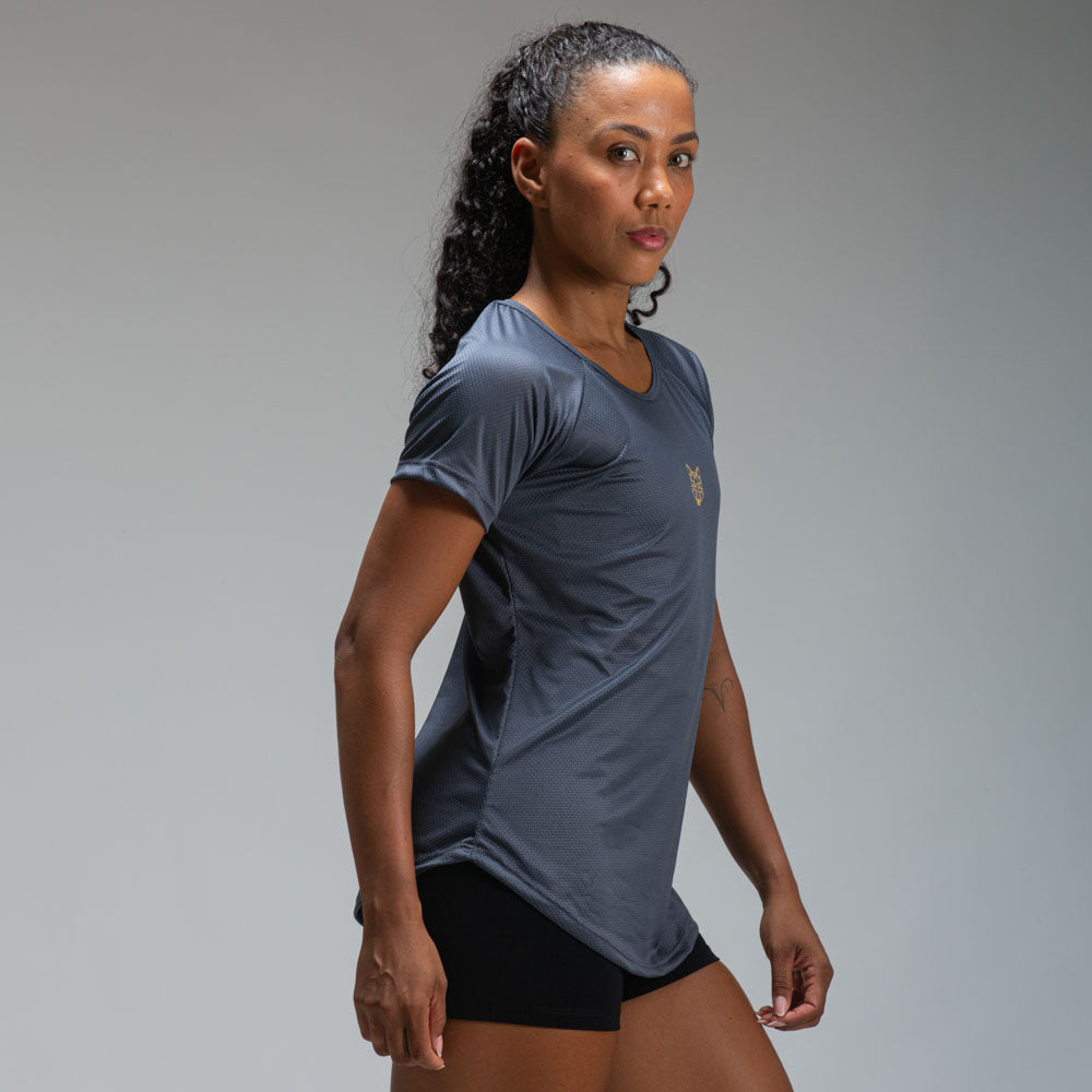 Camiseta Feminina Dry Fit Lobo Geométrico Cinza Sombra
